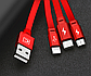Универсальный вытяжной USB кабель Cafele 3 в 1 Iphone+microUSB+Type C, 1.2 м, красный., фото 2