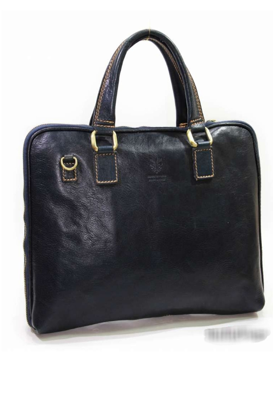 Ділова шкіряна сумка портфель для документів і ноутбука темно-синя, фото 1