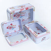 Набор прямоугольных коробок с прозрачной крышкой из 3-х шт белого цвета с конфетами и цветами