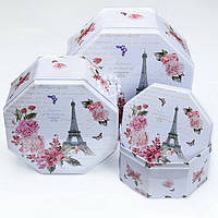 Набор восьмигранных коробок с крышкой из 3-х шт белого цвета с надписями и цветами "Париж"