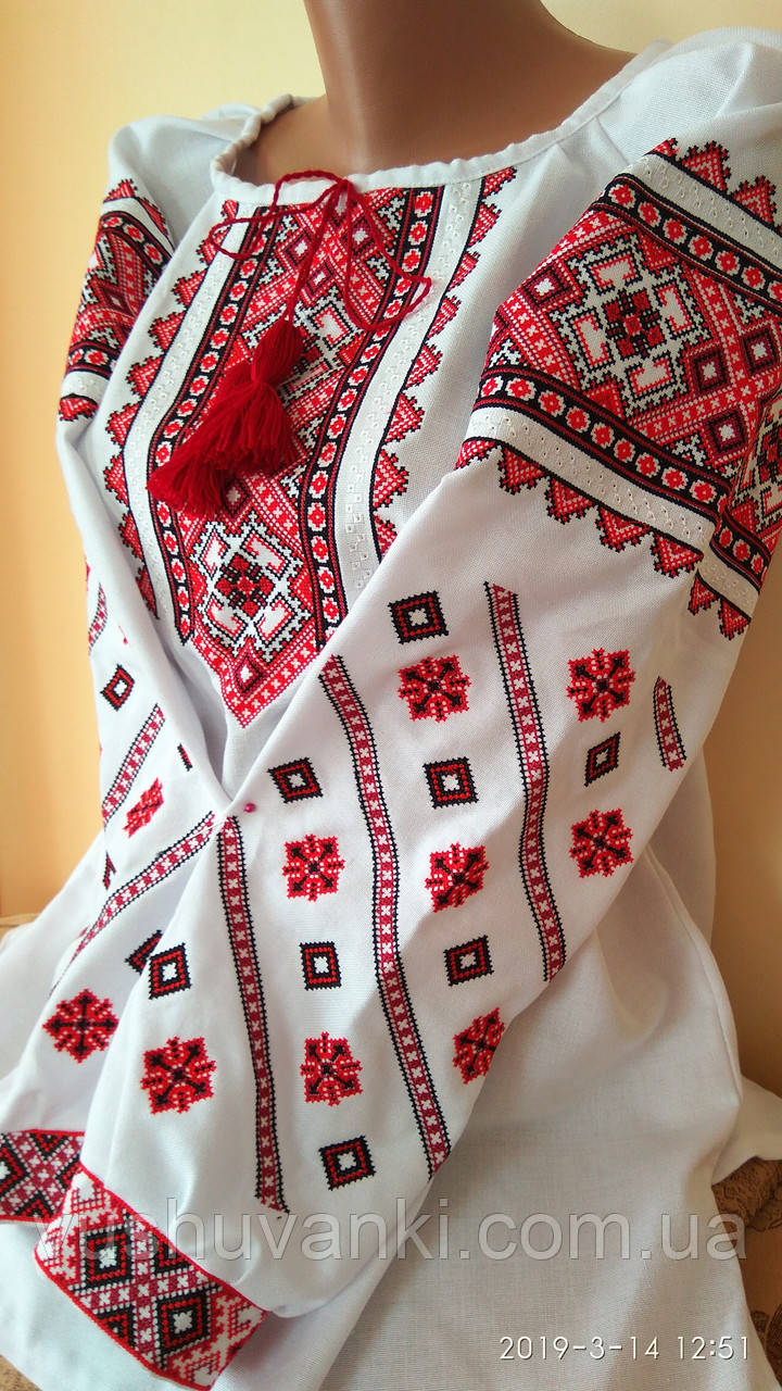 Вишиванка блуза жіноча з червоним квітковий орнаментом  "Квітковий орнамент червоний"Українські вишиванки