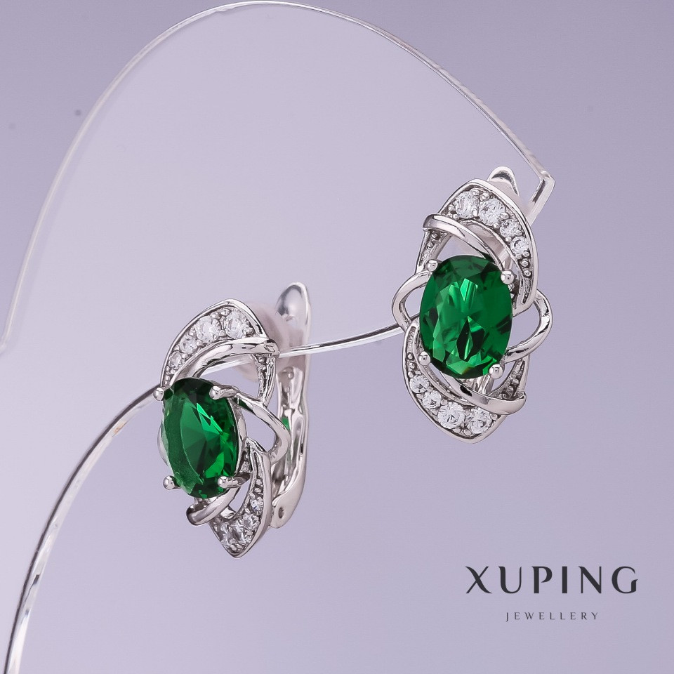 Сережки Xuping з зеленими цирконами d-9мм L-16мм родій