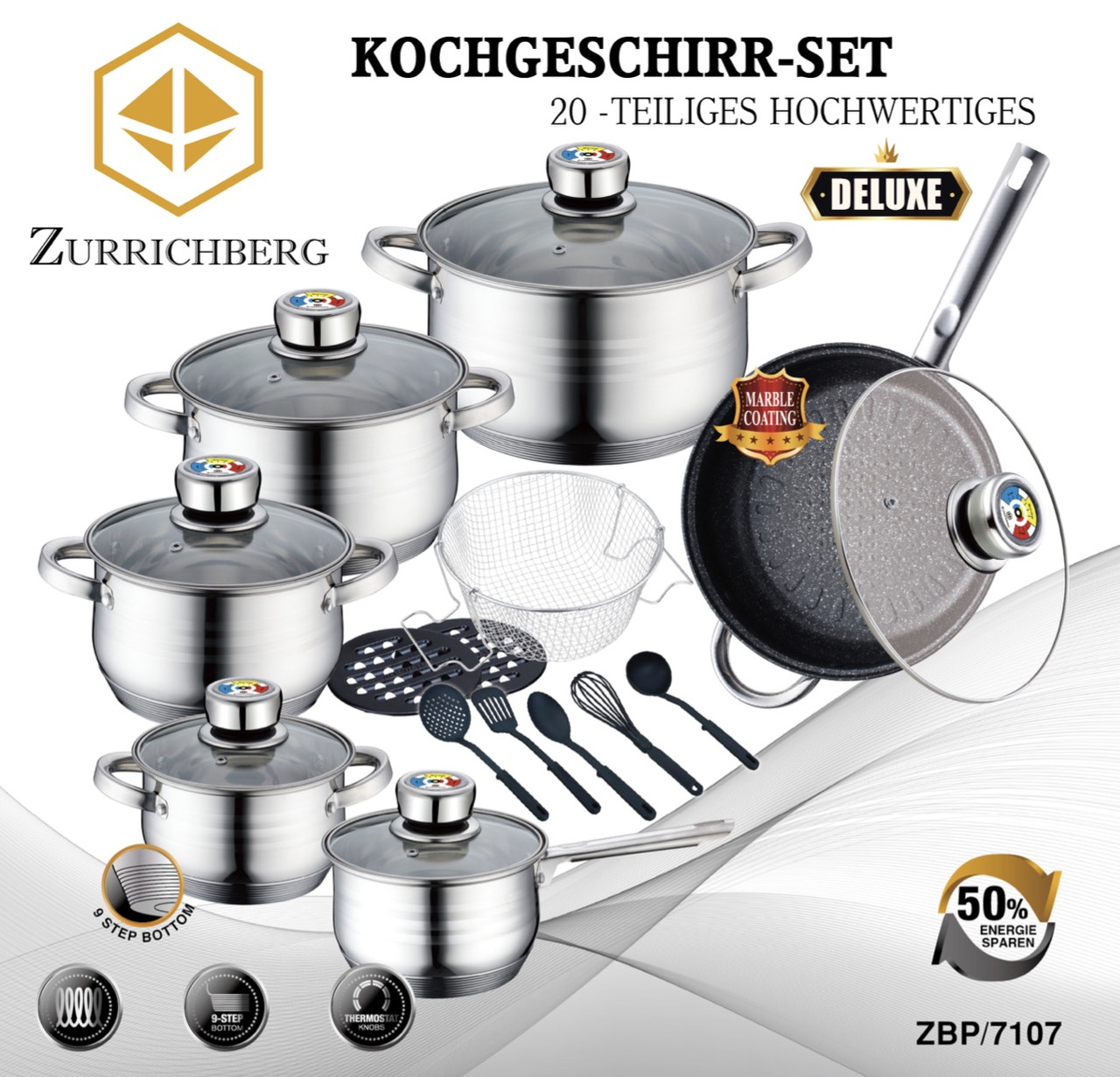 Посуд набір Zurrichberg з 20 предметів в наборі сковорода з мармуровим покриттям ZBP 7107