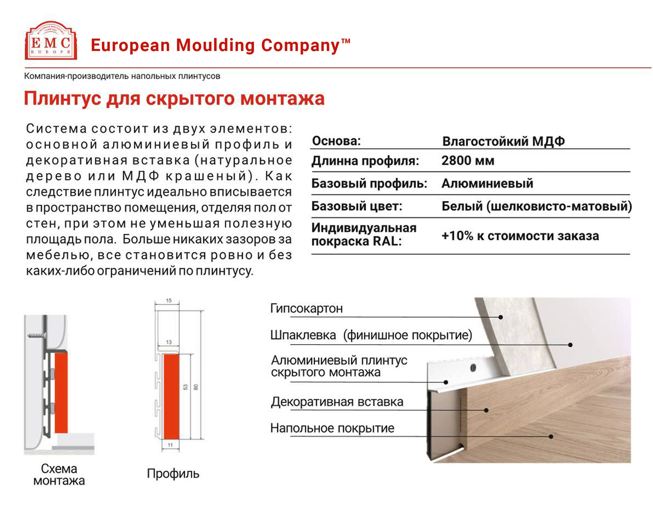 Плінтус прихованого монтажу 10х110мм комплект