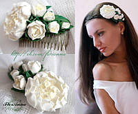 Шикарный белый свадебный гребень для волос с цветами "Белые пионы"