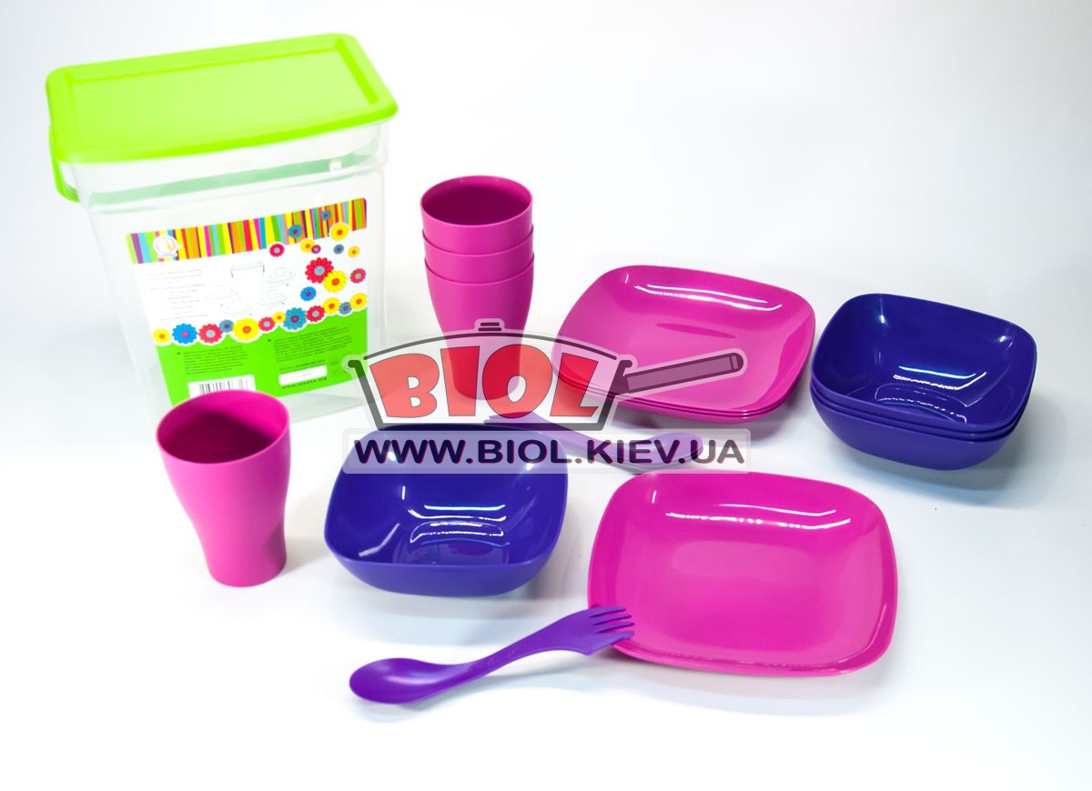 Набір посуду для пікніка (відро 6 л-1, миска-4, тарілка-4, склянка-4, ложка-вилка-4) (бузково-синій) Алеана, фото 1