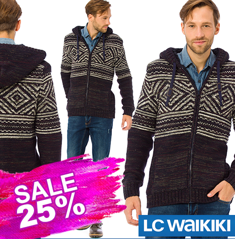 Чоловіча кофта LC Waikiki/ЛС Вайки з кавовим малюнком, на хутряній підкладці та хутряним капюшоном