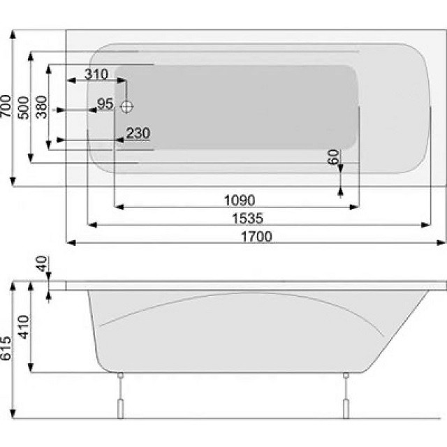 Акриловая прямоугольная ванна 170x70 PoolSpa Klio PWPA410ZN000000