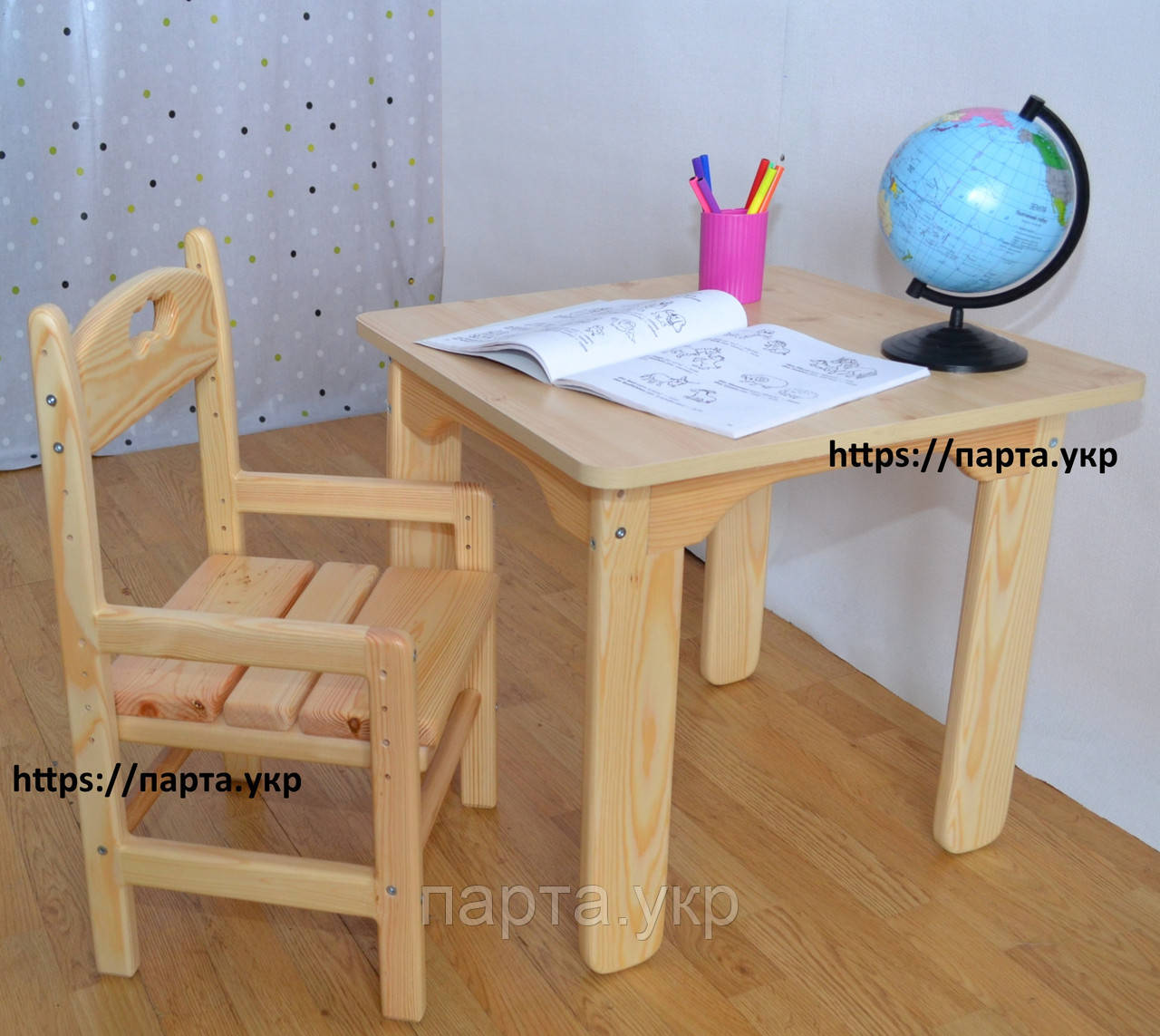 Дитячий стіл і стілець зростаючий, сосновий, фото 1
