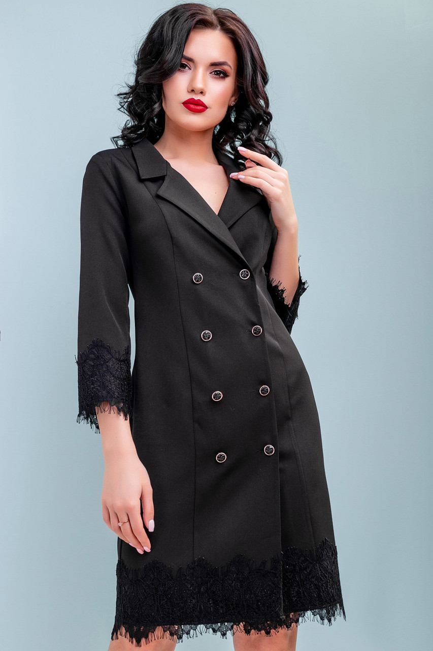 Модное платье-пиджак с кружевом 42-48 размера черное - фото 1 - id-p922597643