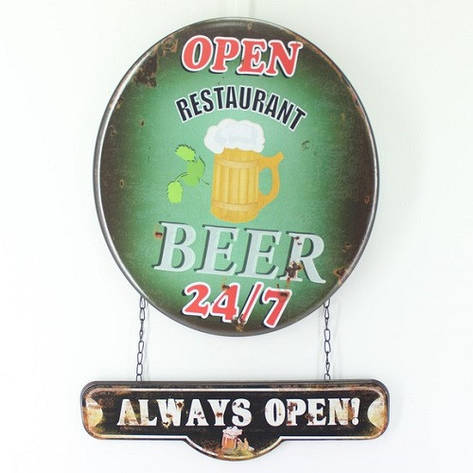 Металева Табличка «Beer. Always open!», для бару і вдома, фото 2