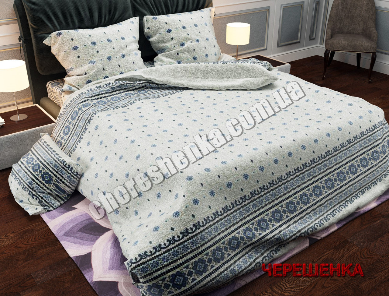 Тканина для постільної білизни Бязь "Gold" Lux GL982 (50м) синя вишивка на сірому, орнамент