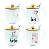 Кухоль керамічевий з кришкою і ложкою "Hello Flamingo" 350 мл, фото 2