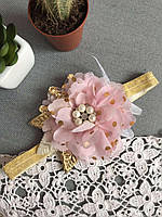 Повязка ручной работы с цветком и короной золотая с розовым