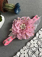 Повязка ручной работы с цветком и короной розовая