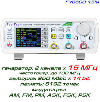 FY6600-15M генератор сигналів DDS, 2 канали х 15 МГц