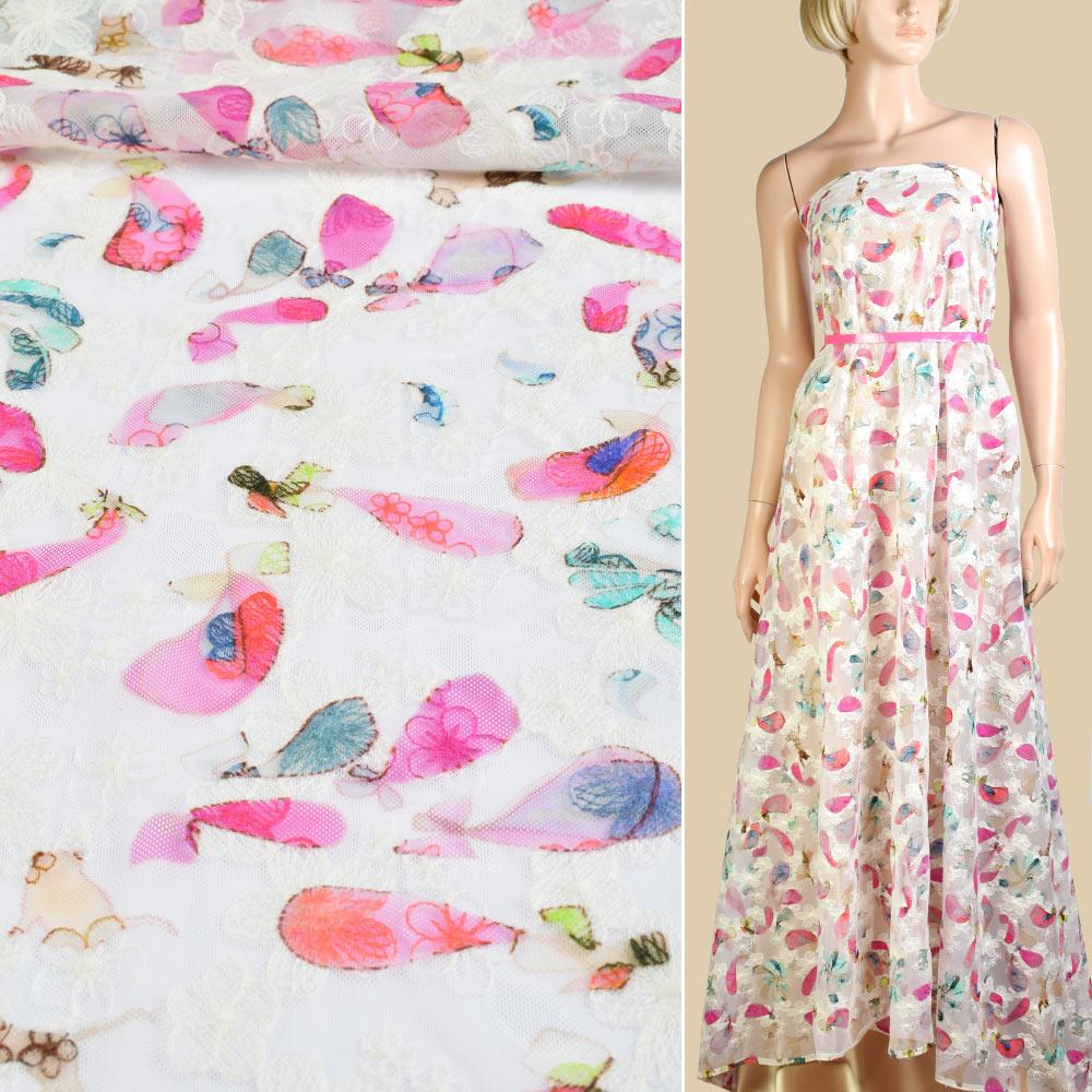 Сітка з вишивкою квіти біла в малинові квіти, бежеві кішки, ш.125