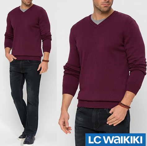 Бордовий чоловічий светр LC Waikiki / ЛЗ Вайкікі з V-подібним вирізом