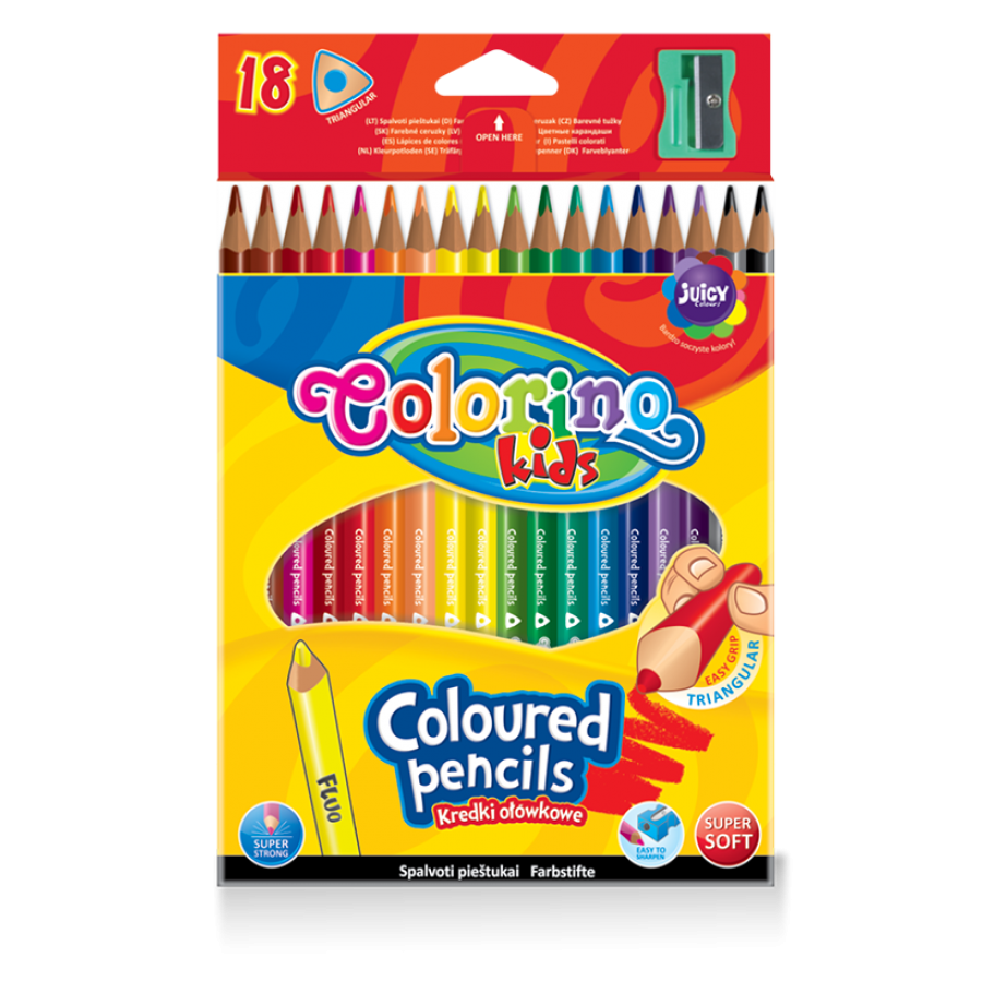 Colorino кольорові тригранні олівці зі стругачкою в наборі 18 кольорів Triangular coloured pencils