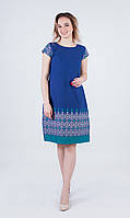 Легка літня синя батистова сукня міді з етнічною вишивкою №28