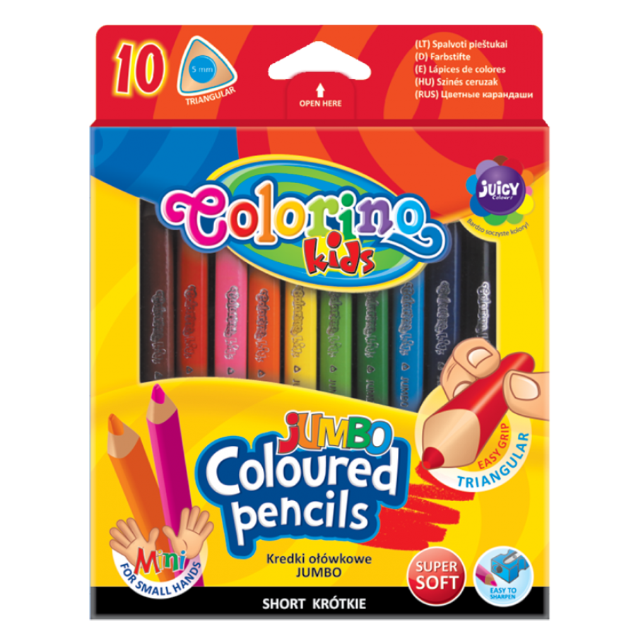 Короткі кольорові олівці JUMBO Colorino Kids трикутна форма 10 кольорів зі стругачкою