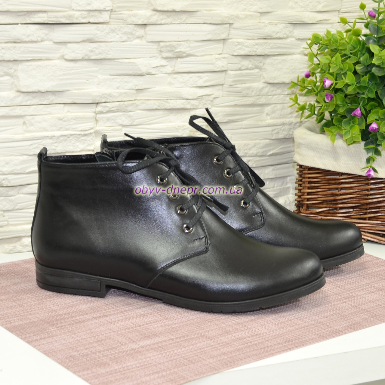 Черевики жіночі шкіряні чорні на шнурівці, фото 1