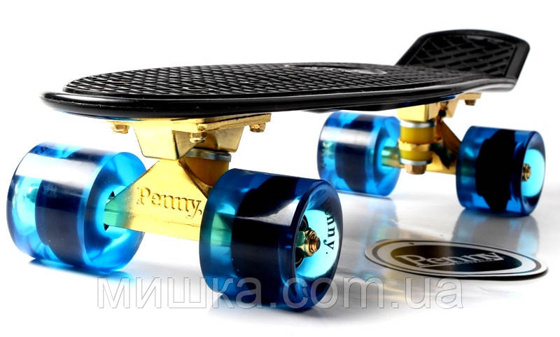 Пенніборд Black 22" Logo. Золота підвіска! Сині колеса., фото 1