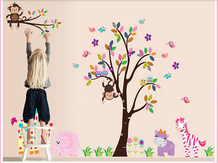 Наклейка на стіну в дитячу, наклейки на шафу, в дитсадок "яскраві звірі біля дерева" 156*280 см (2 аркуша 60*90см), фото 2