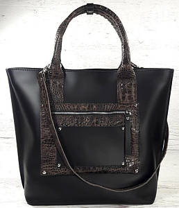 501 Натуральна шкіра, Сумка-тоут жіноча, об'ємна чорна комбіновання крокодил рептилія трапеція