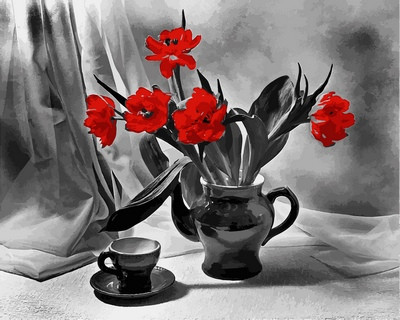 картина за номерами кави і червоні квіти у вазі