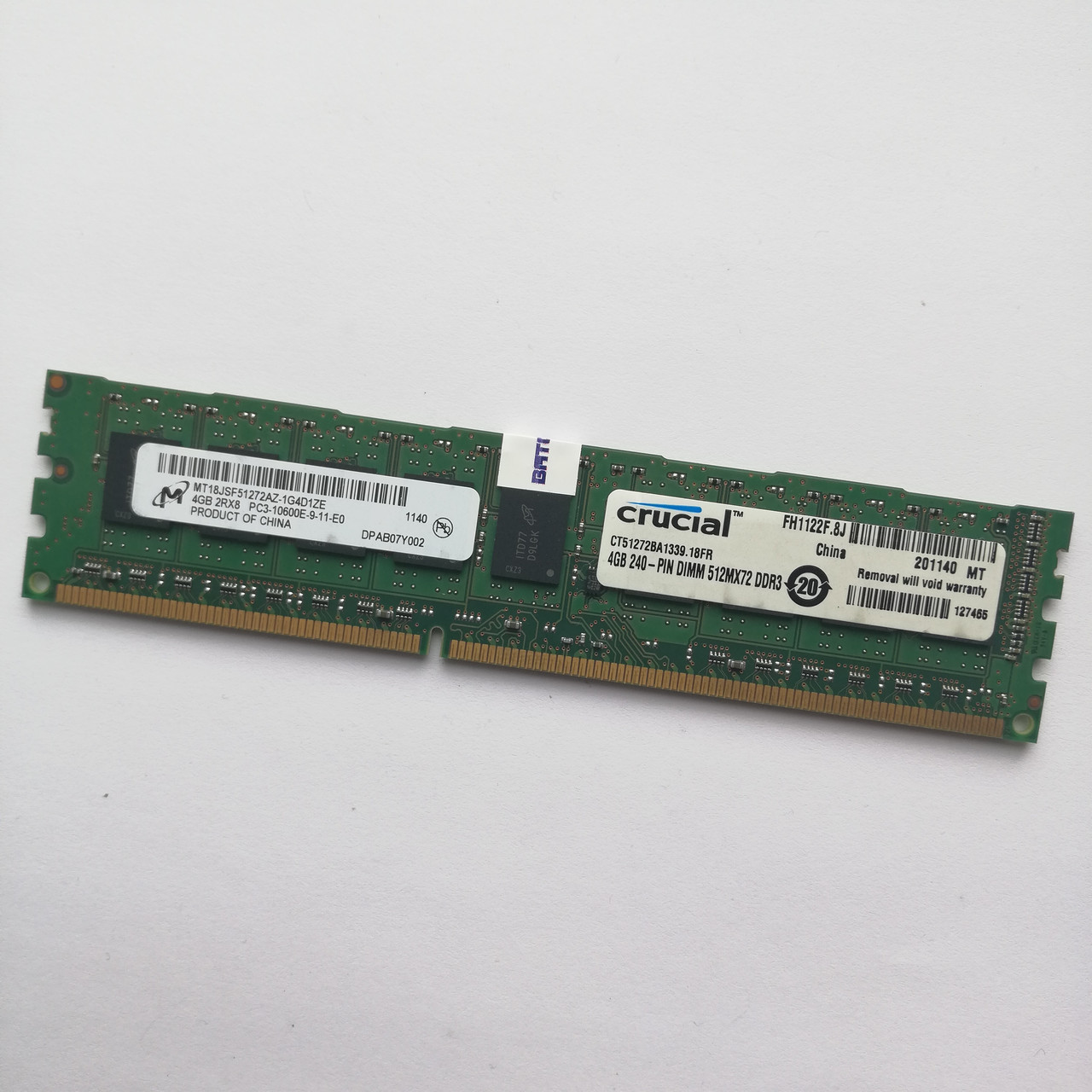 Серверная оперативная память Micron DDR3 4Gb 1333MHz PC3 10600E 2R8 CL9 (MT18JSF51272AZ-1G4D1ZE) Б/У