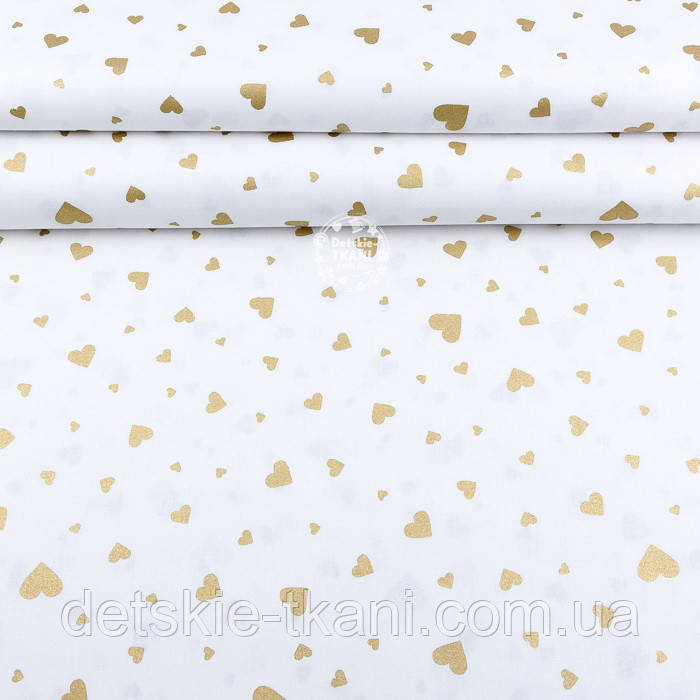 Ранфорс шириною 240 см з глітерним малюнком "Серця різних розмірів" золотисті на білому (№2073), фото 1