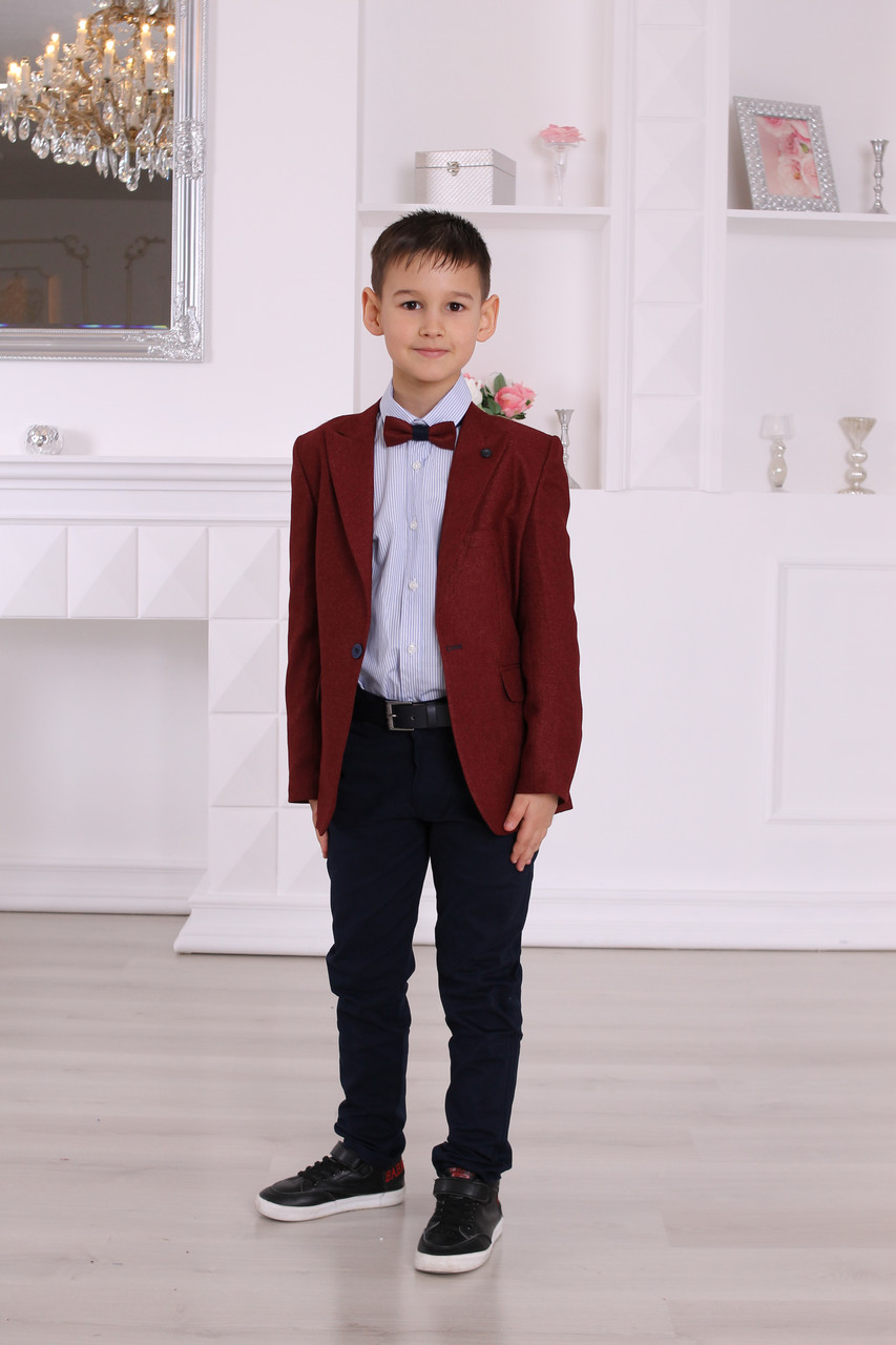Святковий комплект для хлопчика Montella: бордовий піджак, сорочка і сині штани