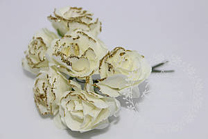 Паперові троянди молочні з золотим глітером, 2,5-3 см. В наборі 6 квіток