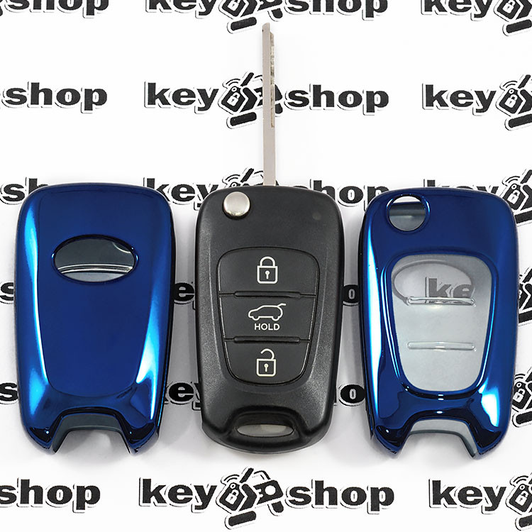 Чехол (синий, полиуретановый) для выкидного ключа Hyundai (Хундай), кнопки с защитой - фото 1 - id-p926555181
