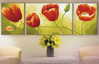 Картина за номерами Menglei Триптих. Червоні тюльпани MV3005 60 х 120 см