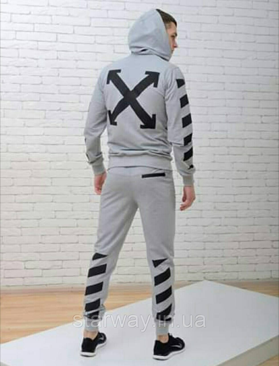 Спортивний сірий костюм на блискавці з капюшоном | off white logo