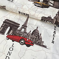 Ткань декоративная с тефлоновой пропиткой с машинами и городами: Лондон, Париж, Рим