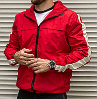 Мужской ветровка красная с капюшном и полосами на рукавах ( куртка мужская черная ) весна осень лето 2 ЦВЕТА