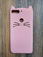 Об'ємний 3d силіконовий чохол для Huawei Y7 2018 Вусатий кіт рожевий
