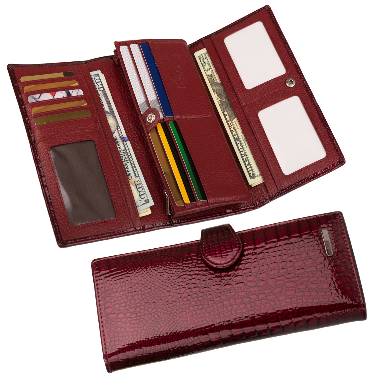 Гаманець жіночий шкіряний лаковий Kafa з RFID захистом (AE031 dark red)