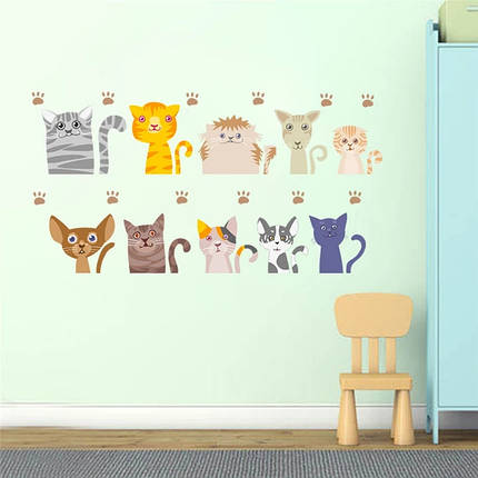 Наклейка на стіну в дитячу, на вітрину, в зоомагазин, вінілові наклейки "10 смішних котів :)" (лист 30*90см), фото 2