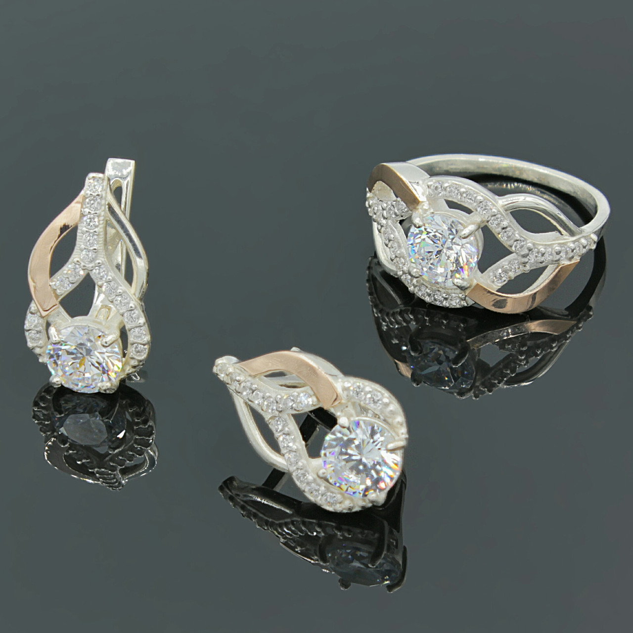 Срібна каблучка та сережки з золотими вставками Грація, фото 1