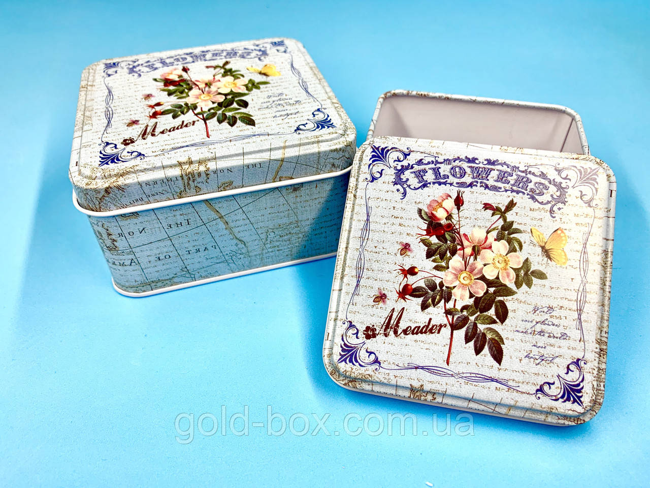 Набор жестяных коробочек 2 в 1 «Blue flowers» - фото 1 - id-p929147821