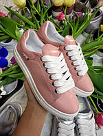 Стильные розовые кеды кроссовки женские на белой подошве кожа натуральная удобные