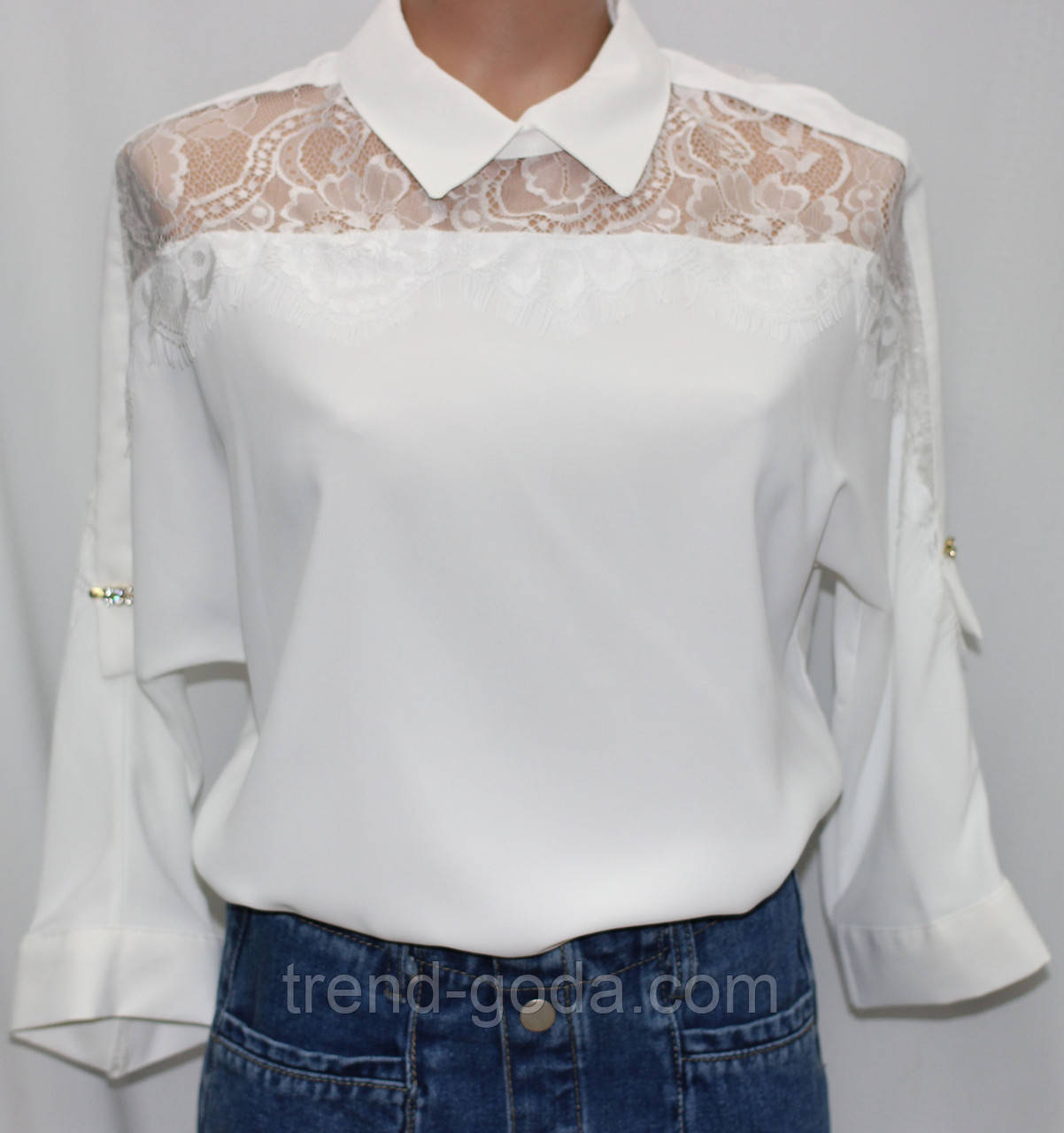 Стильна біла жіноча блуза, шифон з мереживом, Туреччина