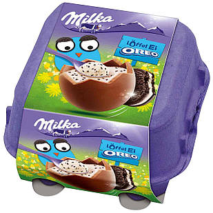 Шоколадні яєчні яєчки в лотку Milka «Löffel Ei Oreo» зі вершковим мусом і печивом орео, 144 г.