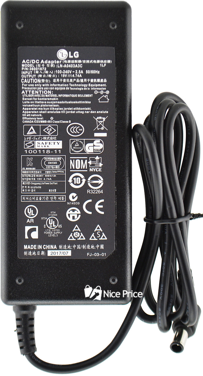 Блок живлення для ноутбуків LG 19 V 4.74 A 90 W 6.5x4.4 мм + кабель живлення (5102)