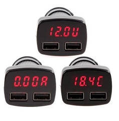 Подвійний USB зарядний пристрій для автомобіля + ТЕСТЕР (U-вольт,A-ампер,°C) з червоним дисплеєм