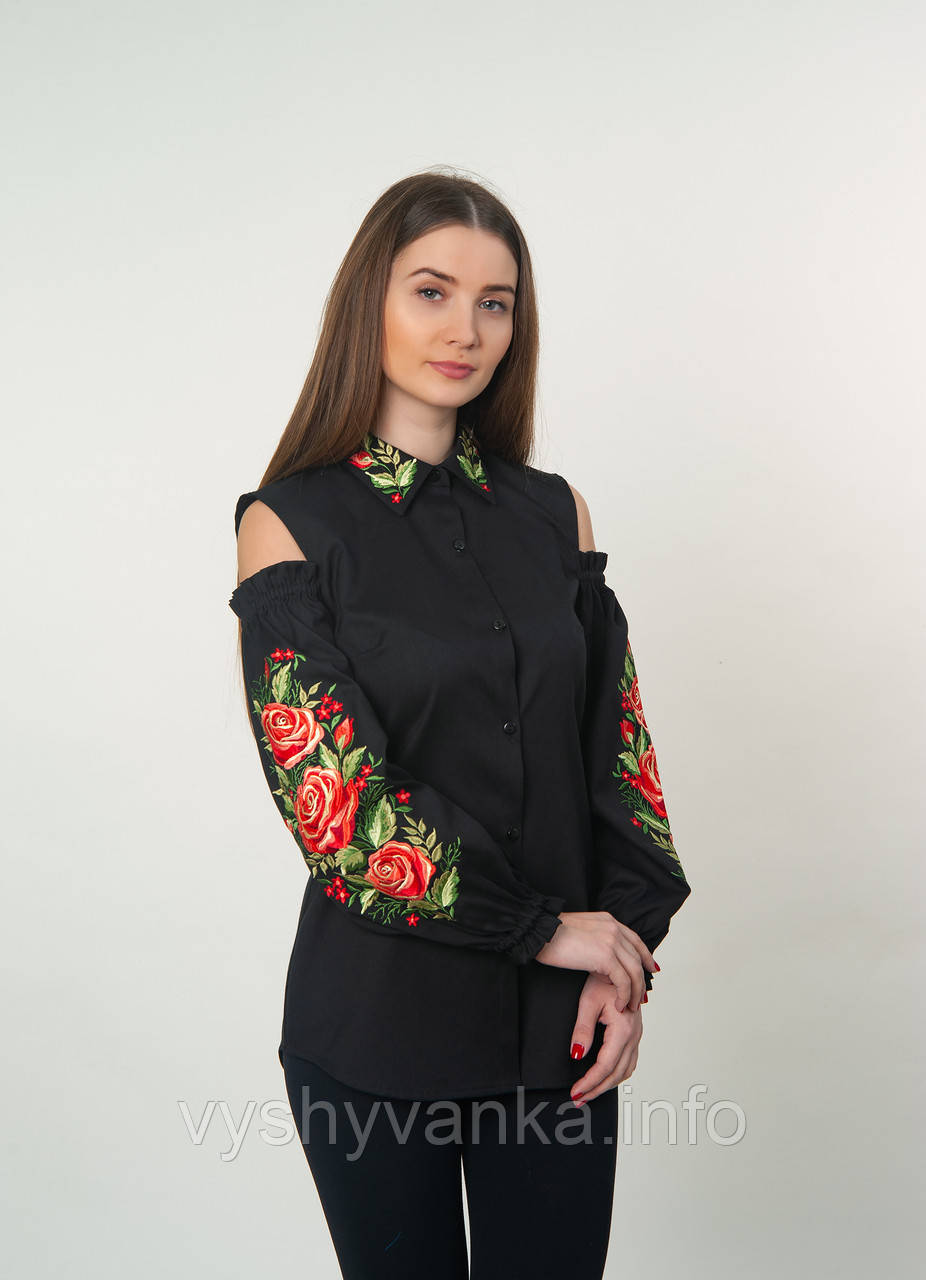 Чорна сорочка-вишиванка з вирізами на плечах, арт. 4510
